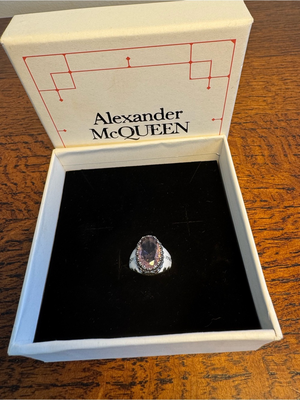 Alexander McQueen Amethyst-Toned Stone Silver Ring With White Enamel